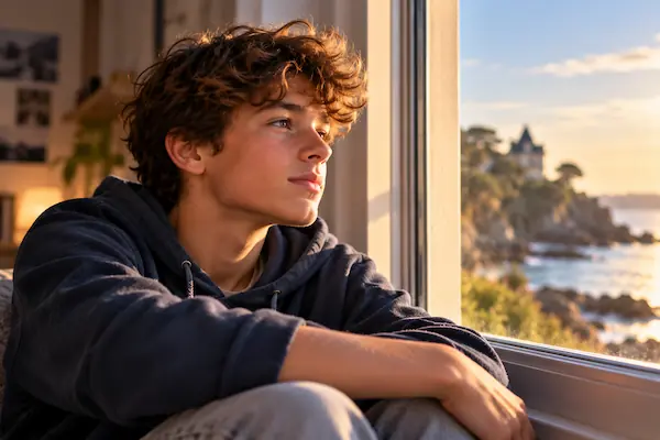 Adolescent songeur qui regarde la mer par la fenêtre de sa chambre, dans la lumière du soir