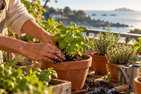 Mains qui repiquent un jeune plant de basilic dans un pot en terre cuite