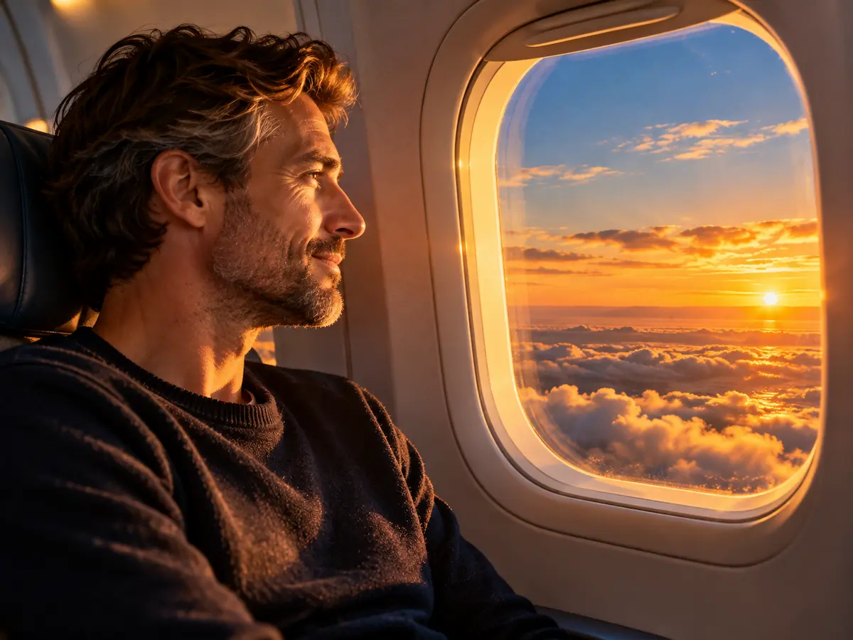 Homme détendu assis côté hublot dans un avion, le regard tourné vers une mer de nuages au coucher du soleil