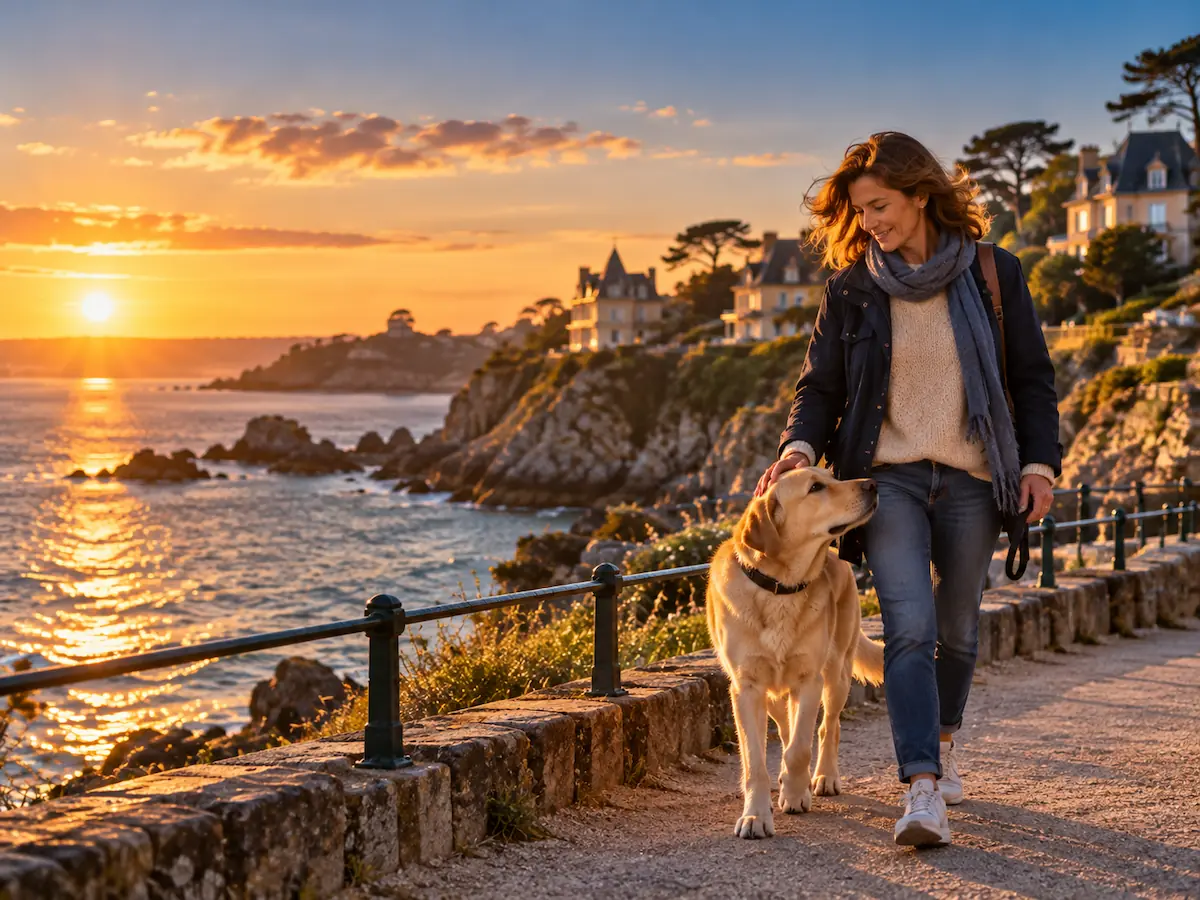 Femme qui se promène sereinement au bord de la mer à Dinard, un grand chien marchant tranquillement à ses côtés