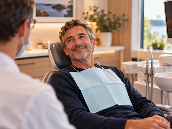 Homme détendu et souriant dans un fauteuil de dentiste, en train d'échanger avec le praticien