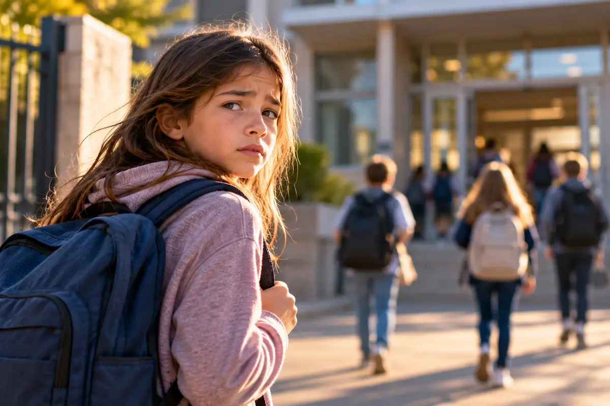 Fillette inquiète, son cartable sur le dos, qui se retourne devant l'entrée de son école pendant que les autres élèves entrent