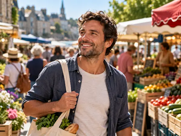 Homme souriant et détendu au milieu d'un marché en plein air animé