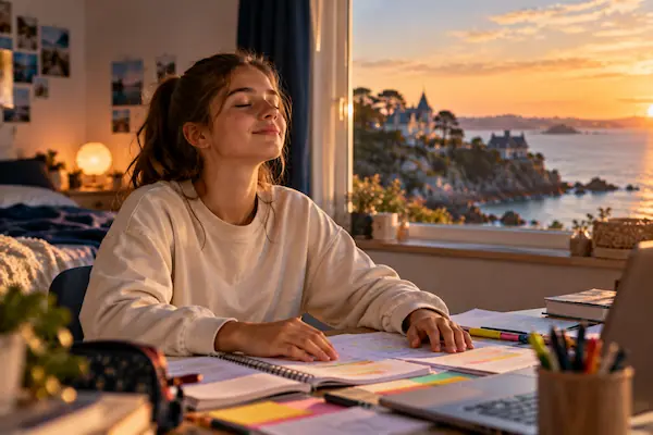 Adolescente sereine à son bureau, les yeux fermés un instant devant ses fiches de révision, la mer de Dinard derrière la fenêtre