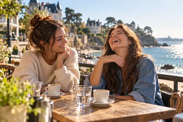 Deux jeunes femmes qui rient à une terrasse de café en bord de mer à Dinard