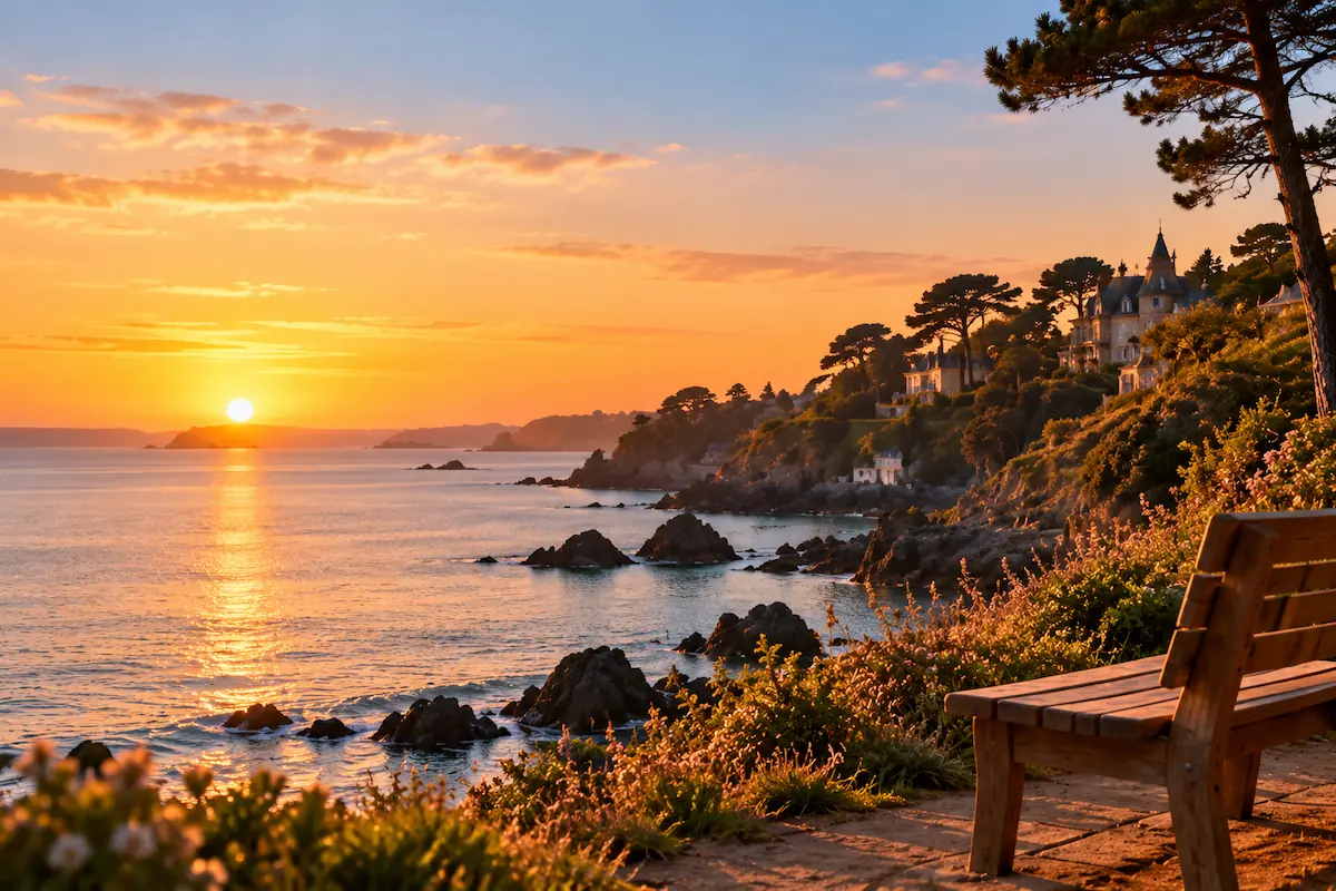 Banc en bois face à la mer au coucher du soleil, sur un sentier fleuri de la Côte d'Émeraude