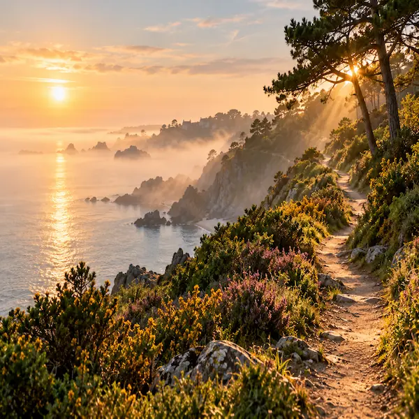 Sentier côtier qui se dégage de la brume au-dessus de la mer
