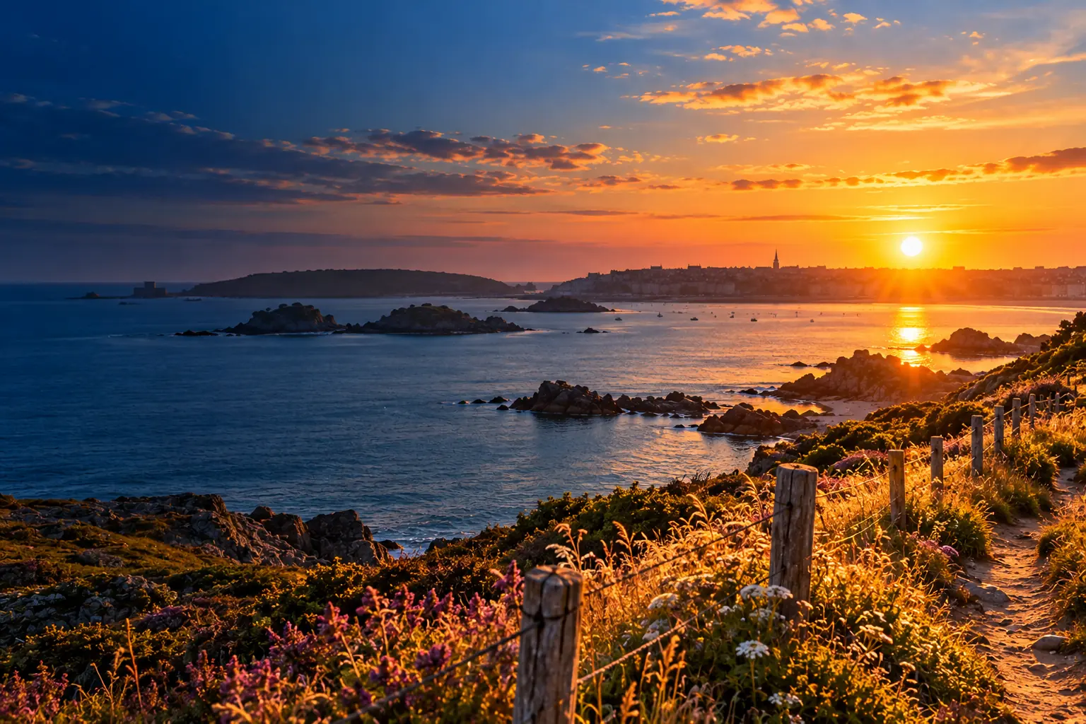 Sentier côtier bordé de poteaux en bois au-dessus de la mer, au coucher du soleil, sur la Côte d'Émeraude