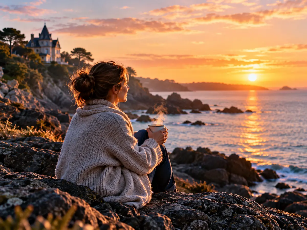 Femme reposée assise sur les rochers au bord de la mer au lever du jour, une tasse à la main, sur la Côte d'Émeraude