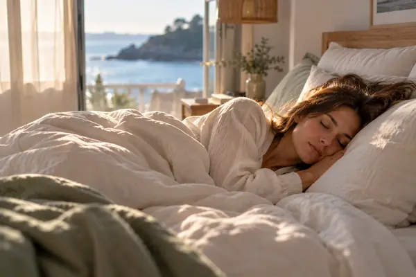 Femme endormie paisiblement au petit matin dans des draps de lin